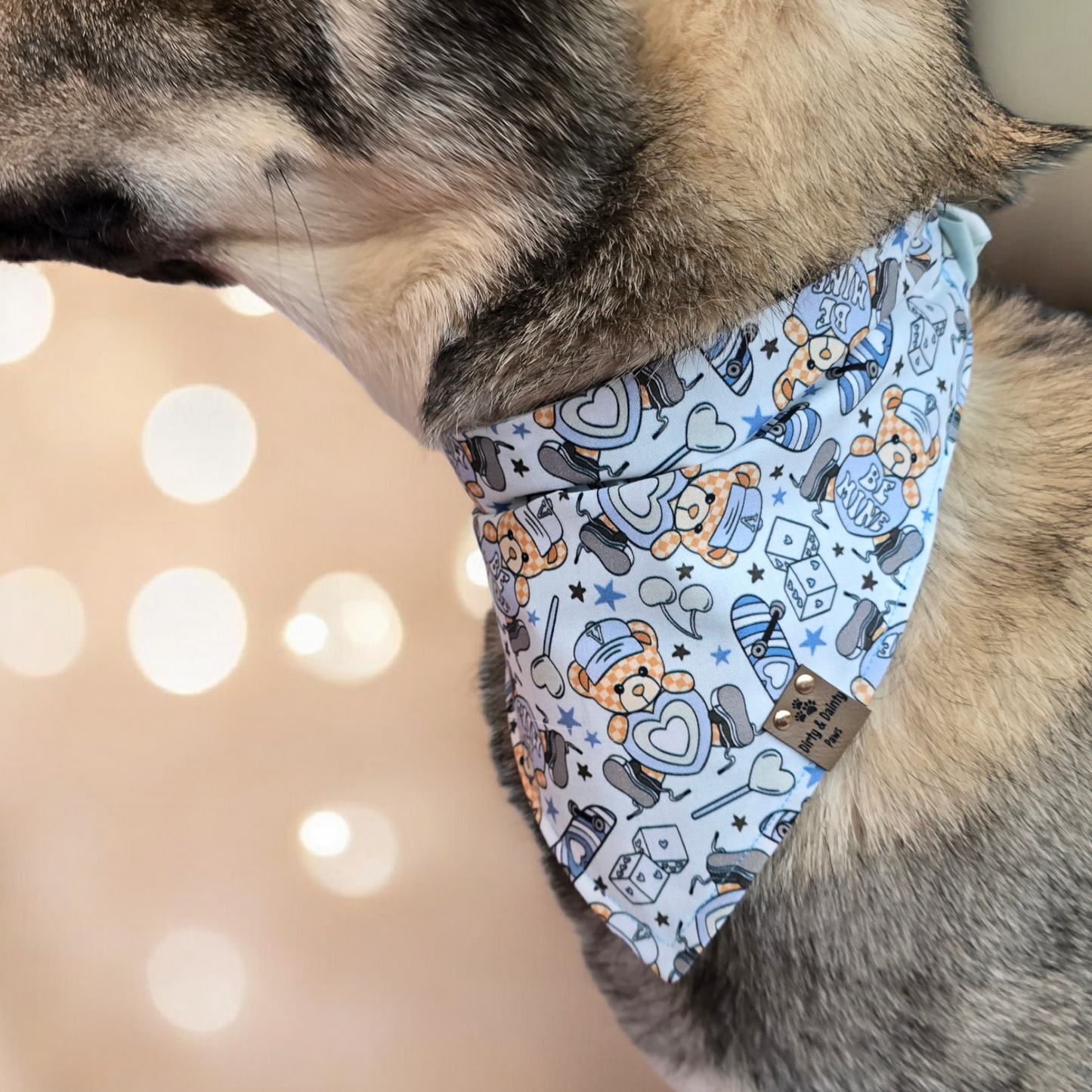 Teddy Bears & Skateboards / Blue Buffalo Plaid or Neutral Mini Flowers | Cozy Cotton Reversible Scrunchie Dog Bandana –