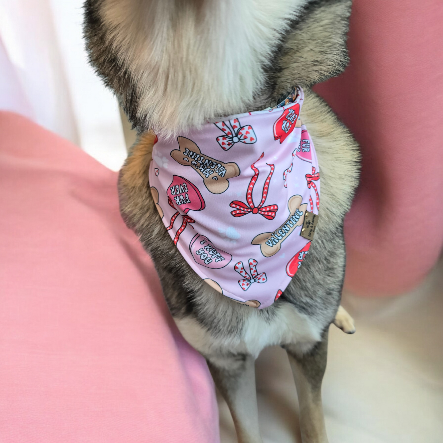 Mom’s Valentine Candy Hearts | Strawberry Bow Grid | Sports Piqué Reversible Scrunchie Dog Bandana