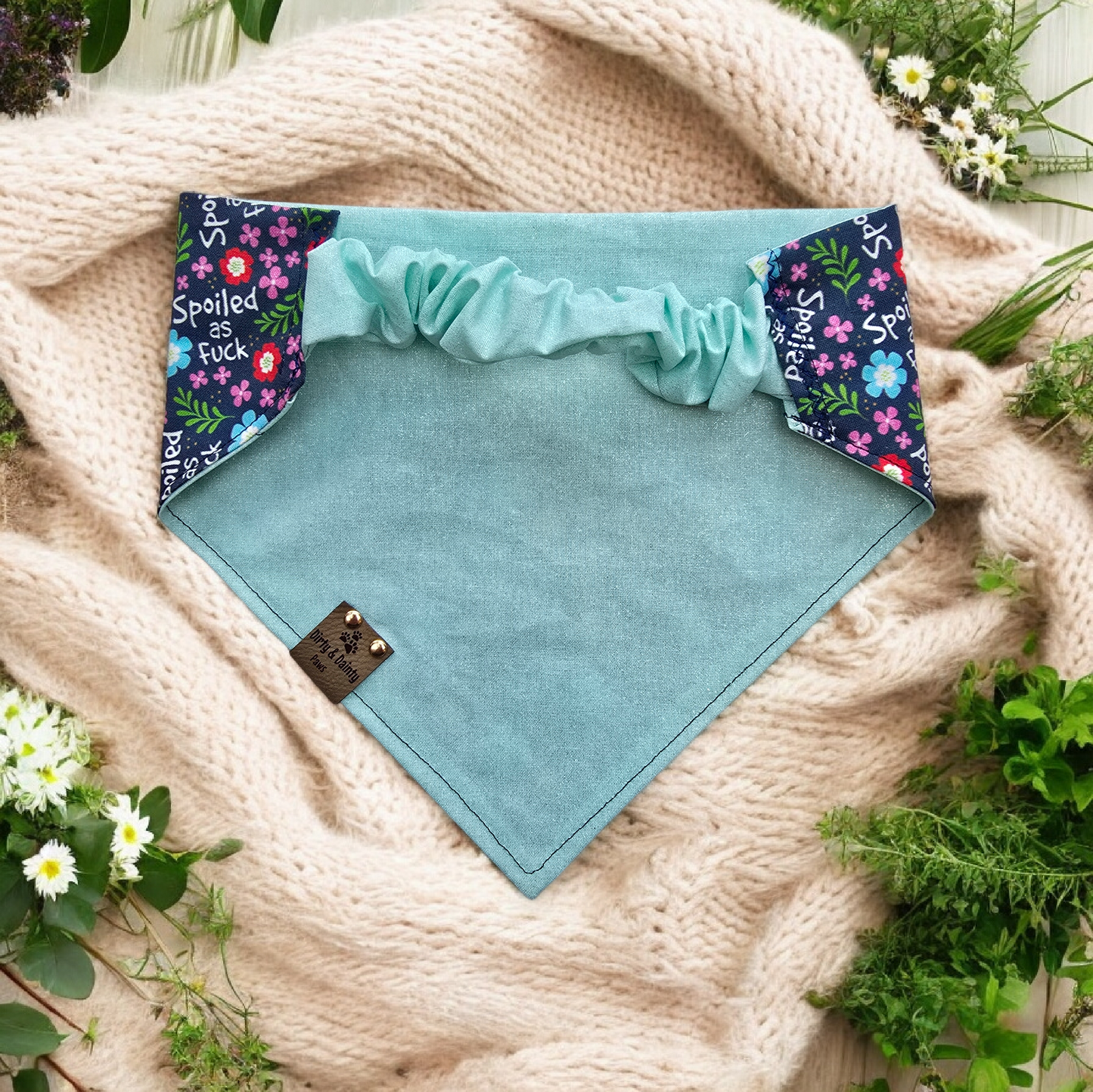 Spoiled AF Floral | Blue Sparkle Cozy Cotton Reversible Scrunchie Dog Bandana