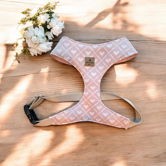 Pink dog harness with heart pattern on a wooden surface with white flowers.