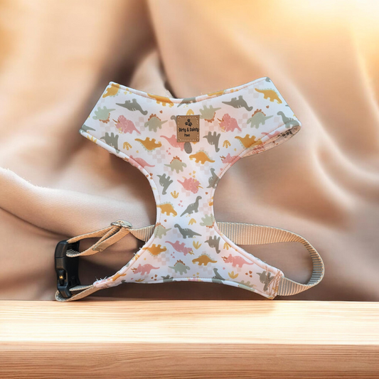 Dog harness with dinosaur pattern on a wooden surface
