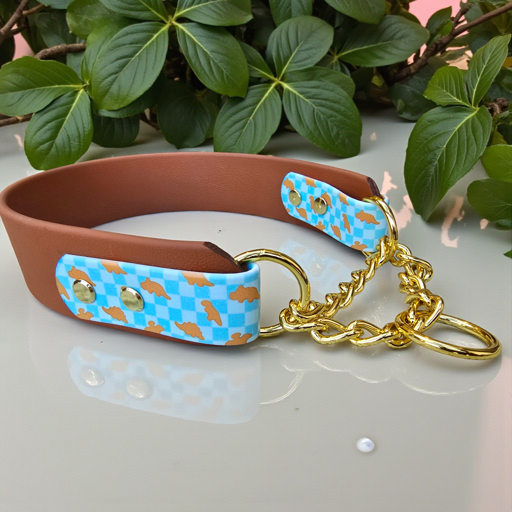 Dino nugs waterproof biothane martingale dog collar with gold chain hardware