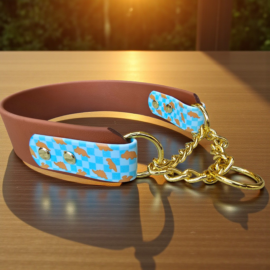 Dino nugs waterproof biothane martingale dog collar with gold chain hardware
