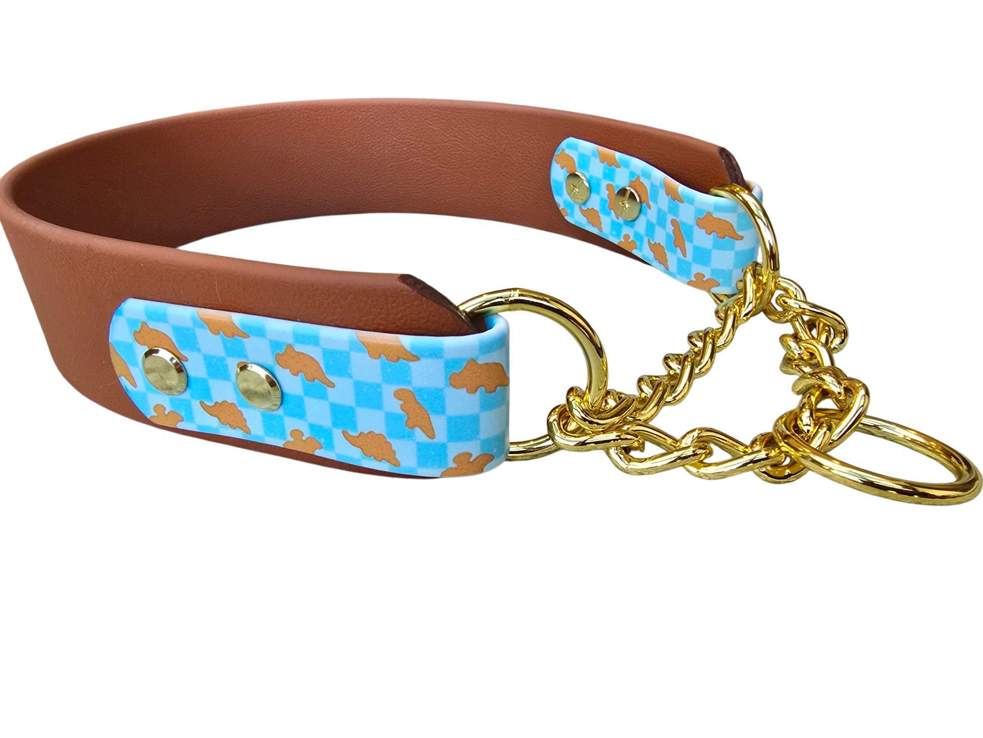 Brown biothane two-toned with blue dino nuggets martingale collar. Martingale chain is yellow gold