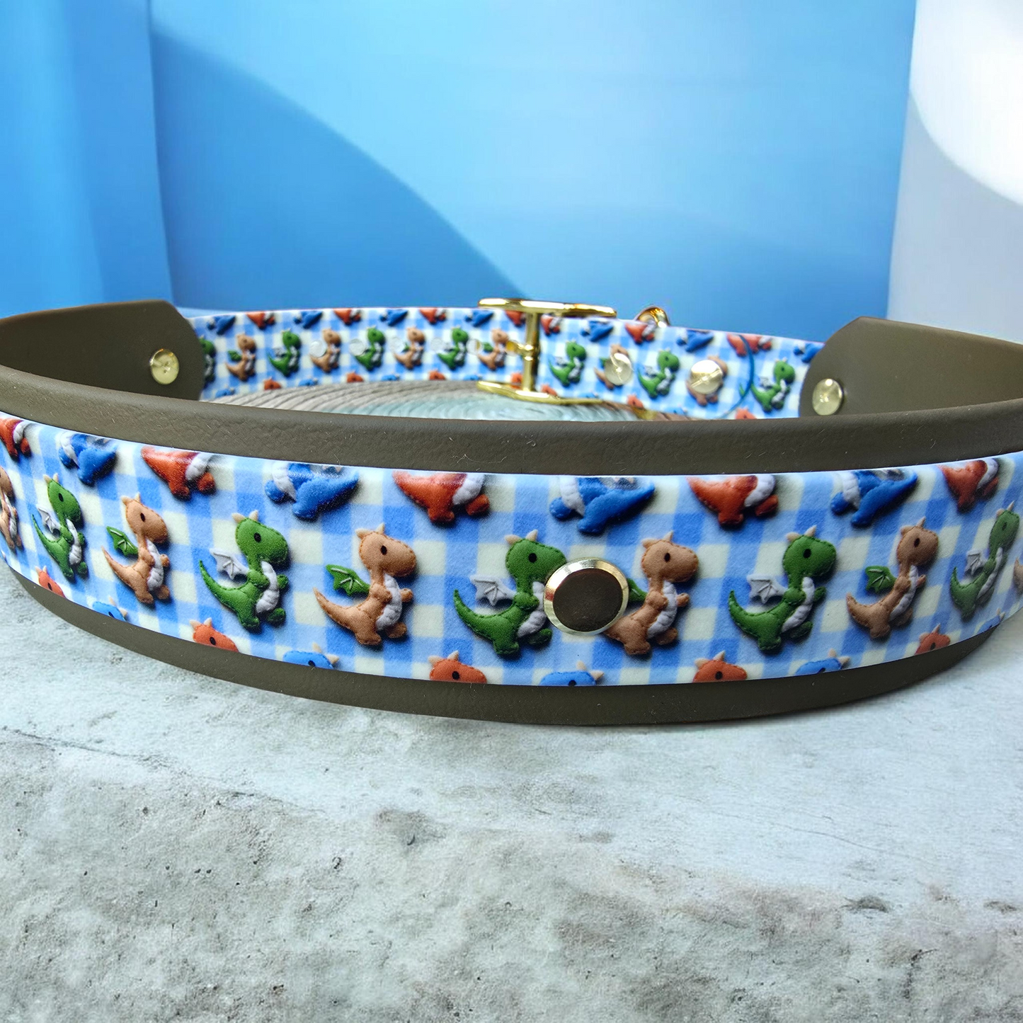 3D Dragon Double Layer Biothane Dog Collar – Waterproof Adventure Collar | Gold Hardware | Smoke Blue or Olive Green Accent