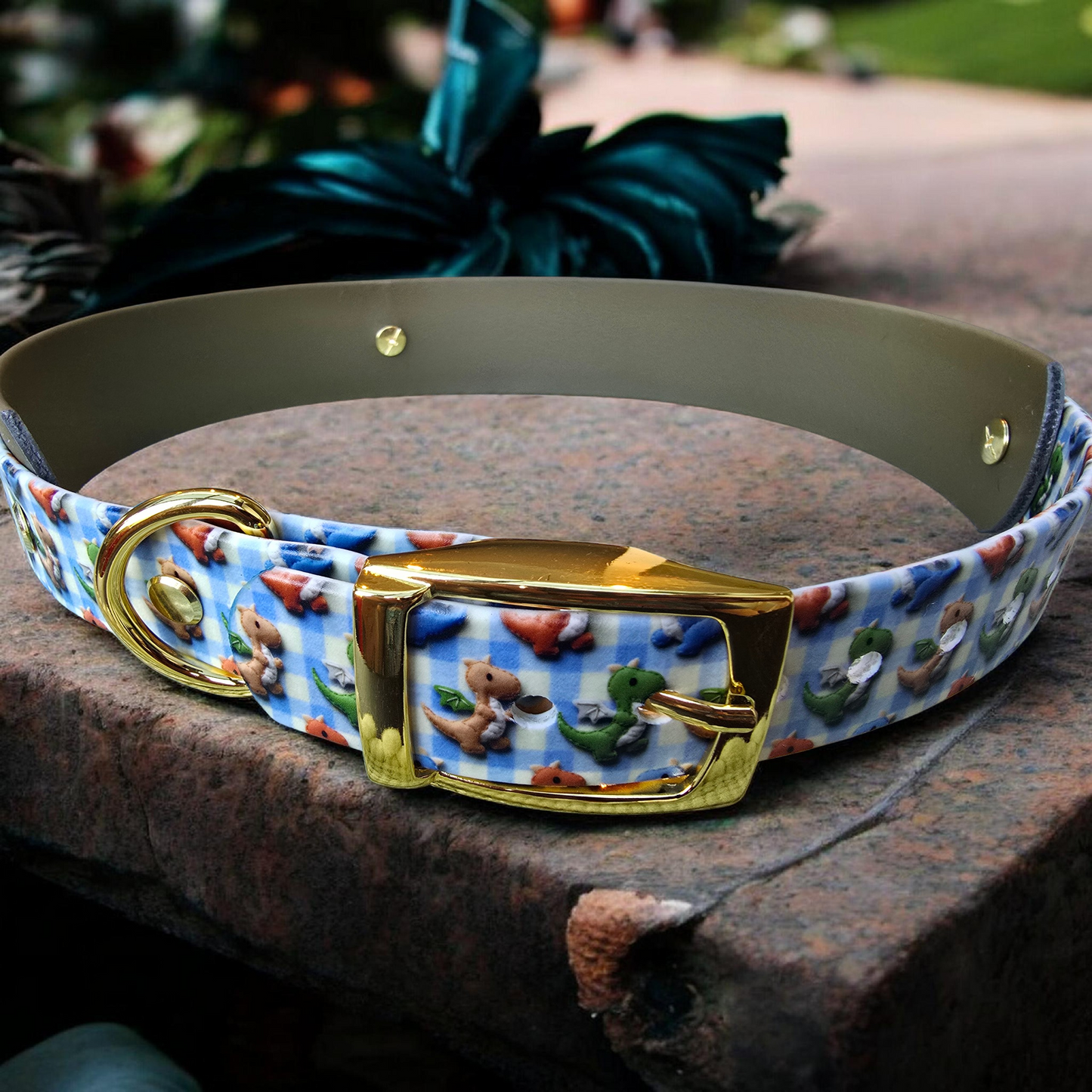 3D Dragon Double Layer Biothane Dog Collar – Waterproof Adventure Collar | Gold Hardware | Smoke Blue or Olive Green Accent