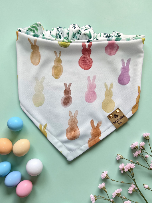 Watercolor Bunnies Peep/ Green Foliage Reversible Scrunchie Dog Bandana Activewear