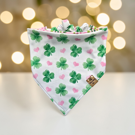 Watercolor Clover Dog Bandana – Reversible Shamrock & Plaid Activewear Bandana | Slip-On Scrunchie Bandana