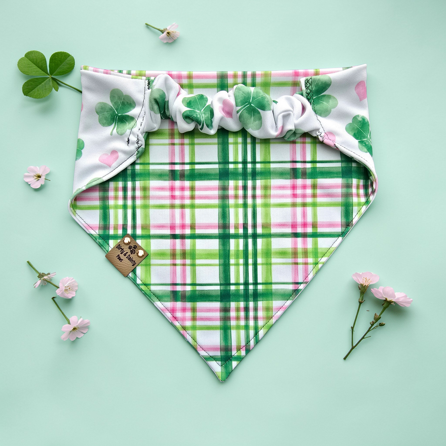 Watercolor Clover Dog Bandana – Reversible Shamrock & Plaid Activewear Bandana | Slip-On Scrunchie Bandana