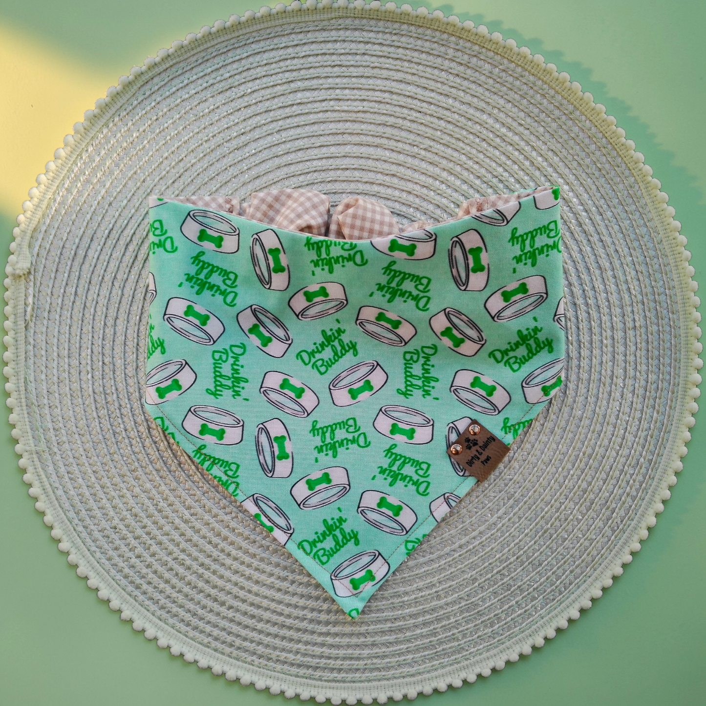 Drinking Buddy Dog Bandana – Reversible Pink or Green Pet Bandana | Cozy Cotton Slip-On Scrunchie Dog Scarf