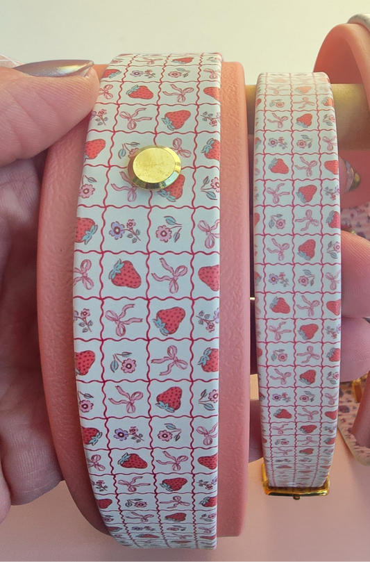Strawberries and bows waterproof biothane dog collar with yellow gold belt buckle hardware