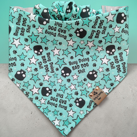Funny reversible dog bandana with skulls and stars made from soft cozy cotton scrunchie slip on design