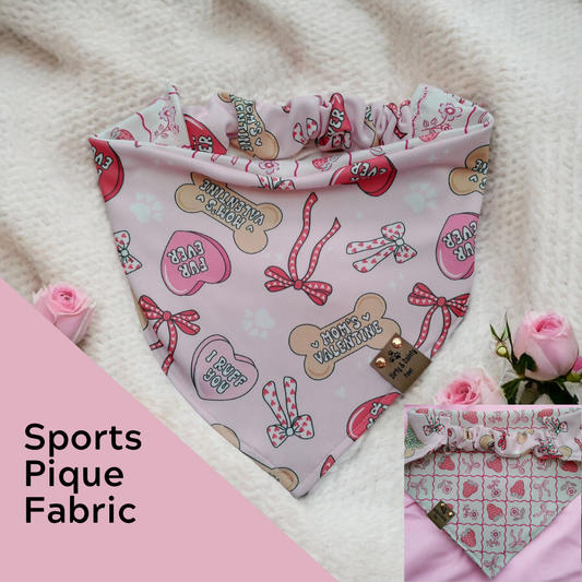 Mom’s Valentine Candy Hearts | Strawberry Bow Grid | Sports Piqué Reversible Scrunchie Dog Bandana