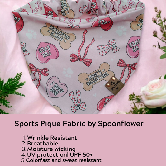 Mom’s Valentine Candy Hearts | Strawberry Bow Grid | Sports Piqué Reversible Scrunchie Dog Bandana