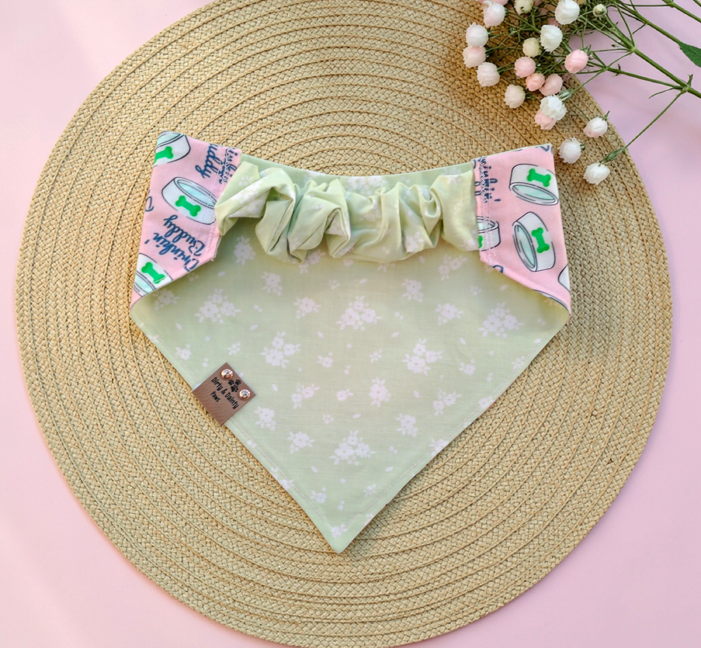 Drinking Buddy Dog Bandana – Reversible Pink or Green Pet Bandana | Cozy Cotton Slip-On Scrunchie Dog Scarf