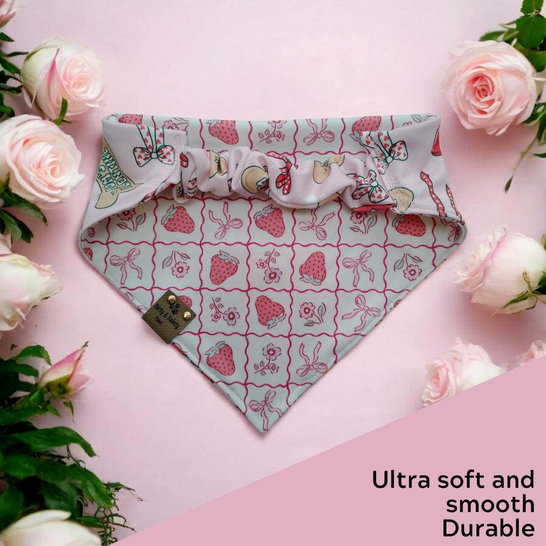 Mom’s Valentine Candy Hearts | Strawberry Bow Grid | Sports Piqué Reversible Scrunchie Dog Bandana