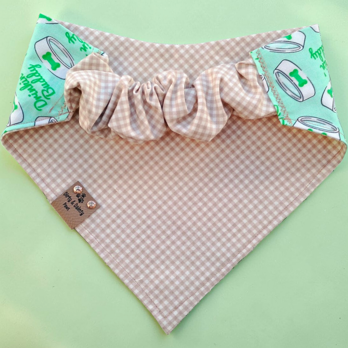 Drinking Buddy Dog Bandana – Reversible Pink or Green Pet Bandana | Cozy Cotton Slip-On Scrunchie Dog Scarf