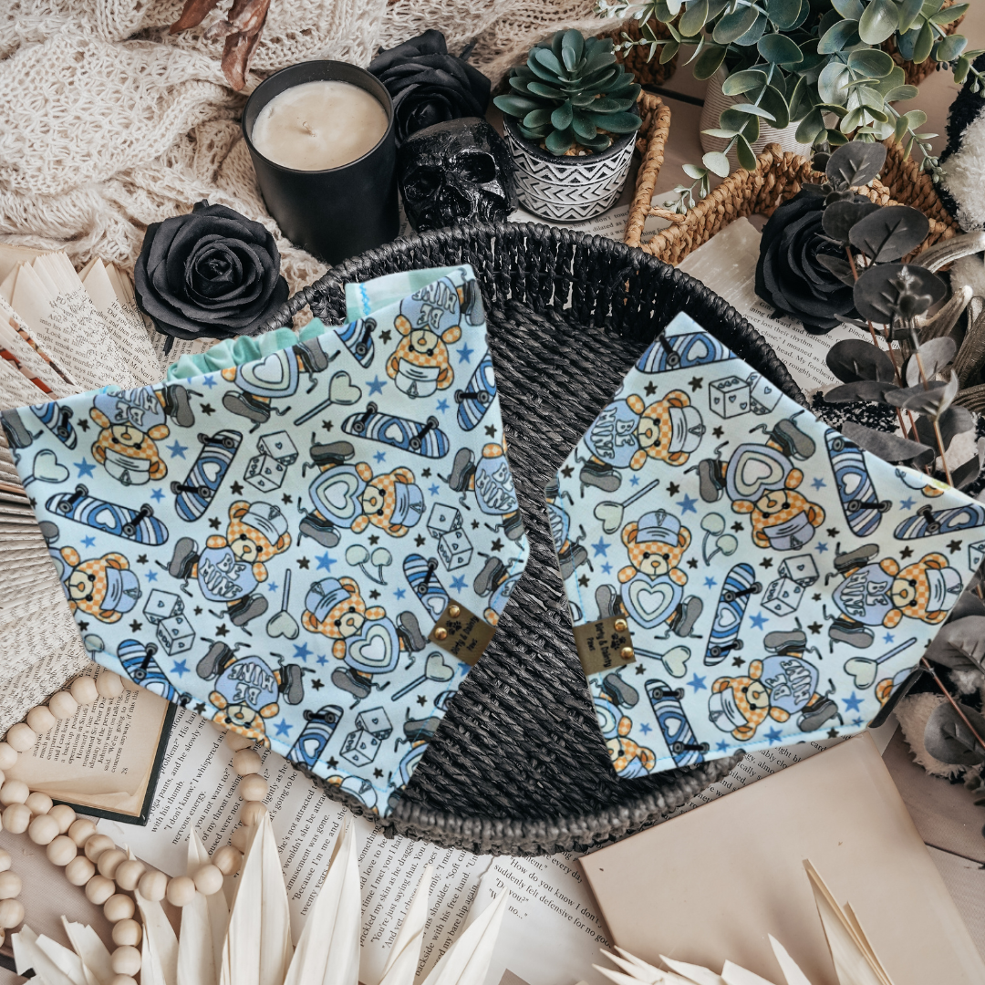 Teddy Bears & Skateboards / Blue Buffalo Plaid or Neutral Mini Flowers | Cozy Cotton Reversible Scrunchie Dog Bandana –