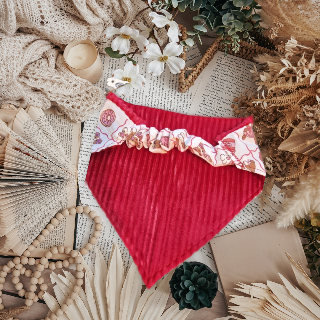 Puppy Love & Red Velvet Corduroy| Cozy Cotton Reversible Scrunchie Dog Bandana