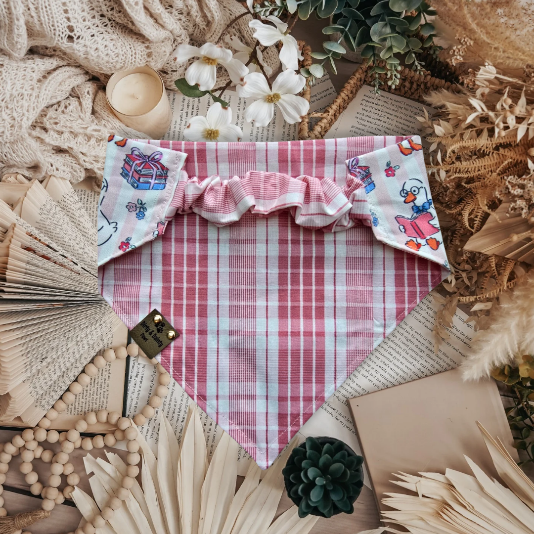 Reversible dog bandana with pink plaid Cozy Cotton backing