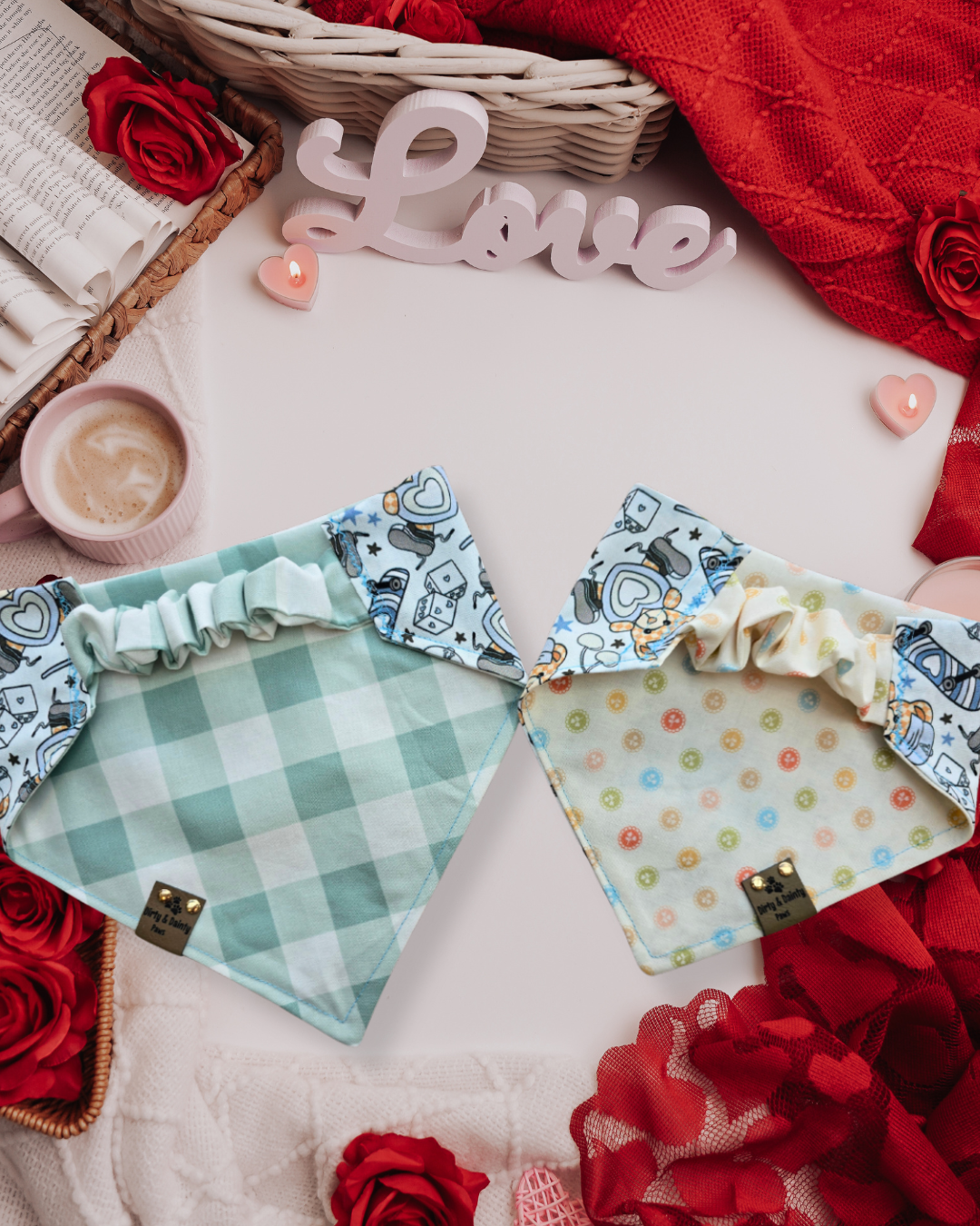 Teddy Bears & Skateboards / Blue Buffalo Plaid or Neutral Mini Flowers | Cozy Cotton Reversible Scrunchie Dog Bandana –