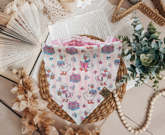Cozy Cotton scrunchie dog bandana with book-loving goose and gift print
