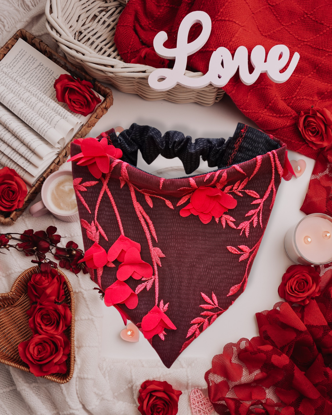 Lacy Reversible Scrunchie Dog Bandana – Red Lace Overlay Valentine Edition