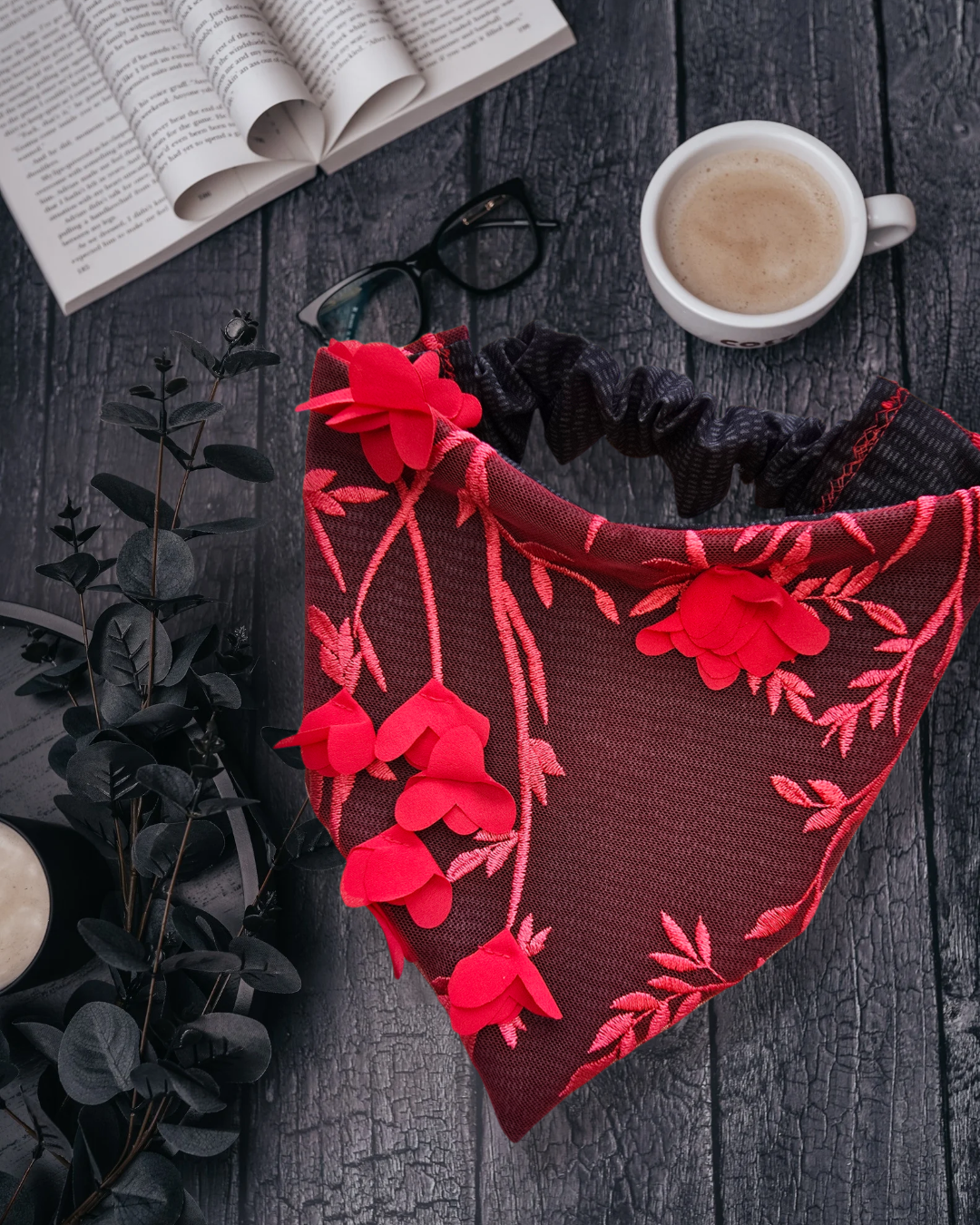 Lacy Reversible Scrunchie Dog Bandana – Red Lace Overlay Valentine Edition