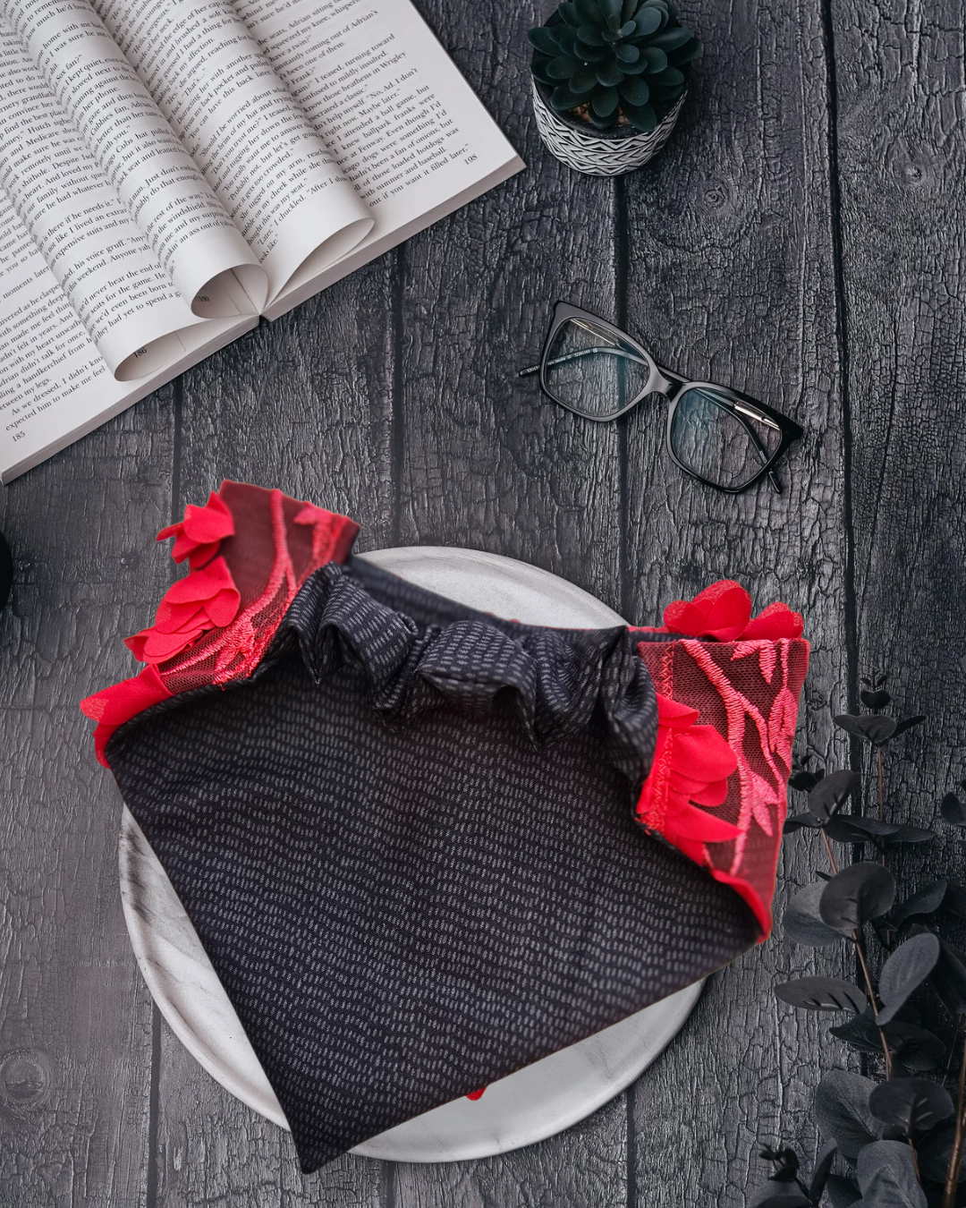 Lacy Reversible Scrunchie Dog Bandana – Red Lace Overlay Valentine Edition