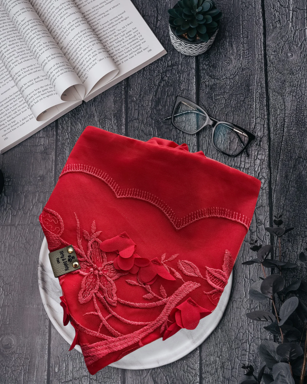 Lacy Reversible Scrunchie Dog Bandana – Red Lace Overlay Valentine Edition