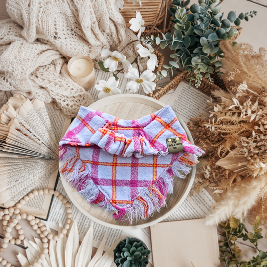Cozy Hand-Fringed Scrunchie Dog Bandana – Pink & Lavender Plaid Fringe