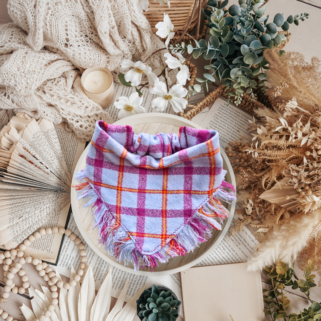 Cozy Cotton hand fringed scrunchie dog bandana with pink and lavender plaid

Fringe edge plaid dog bandana with soft terry cloth texture

Slip-on scrunchie style handmade fringe dog bandana