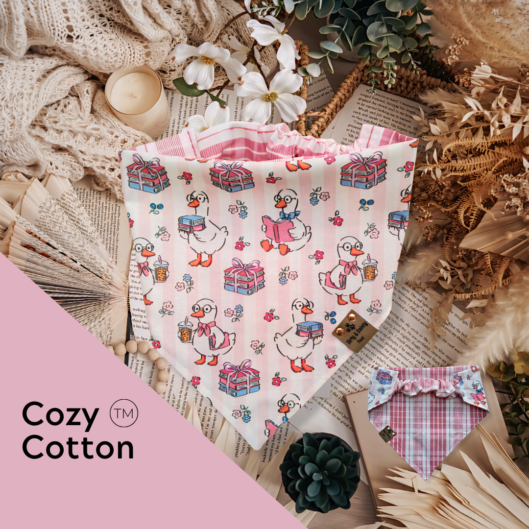 Cozy Cotton scrunchie dog bandana with book-loving goose and gift print