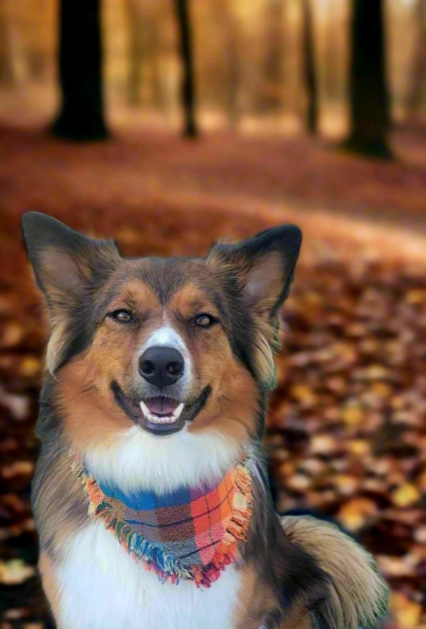 Hand-Fringed Fall Plaid Dog Bandana | Premium Flannel with Snap Closure & Faux Leather Tag