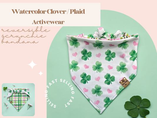 Watercolor Clover Dog Bandana – Reversible Shamrock & Plaid Activewear Bandana | Slip-On Scrunchie Bandana