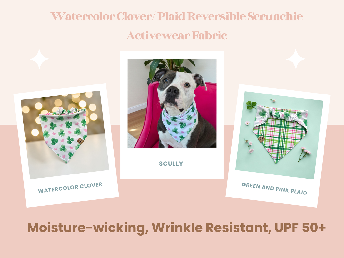 Watercolor Clover Dog Bandana – Reversible Shamrock & Plaid Activewear Bandana | Slip-On Scrunchie Bandana