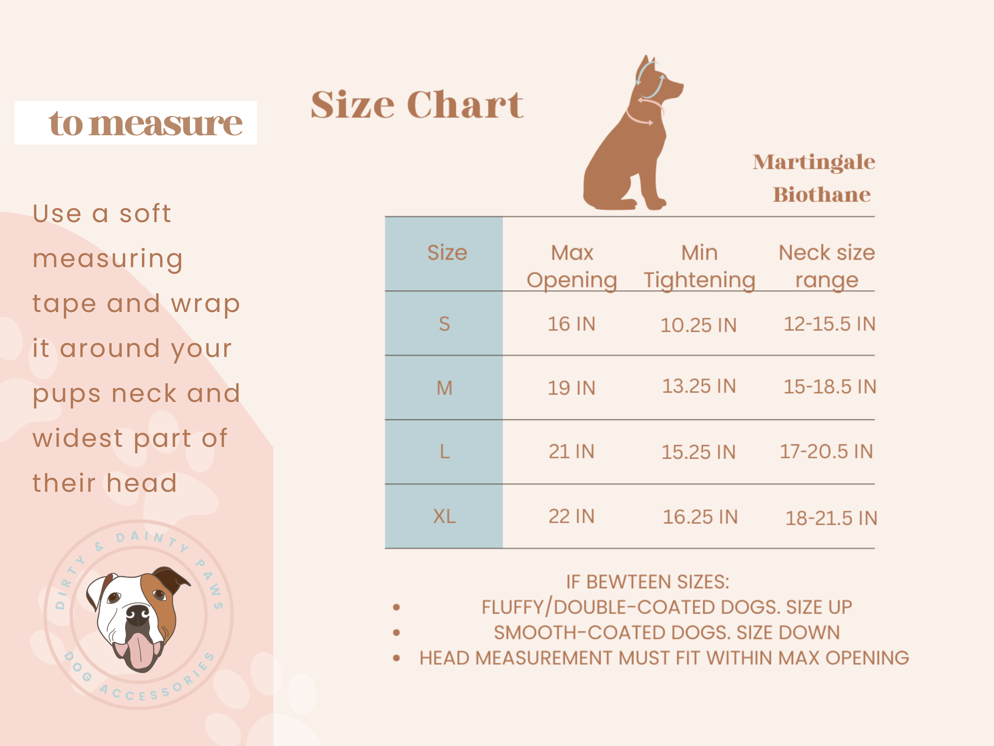Size chart for Martingale Bithane dog collars with measurement instructions.