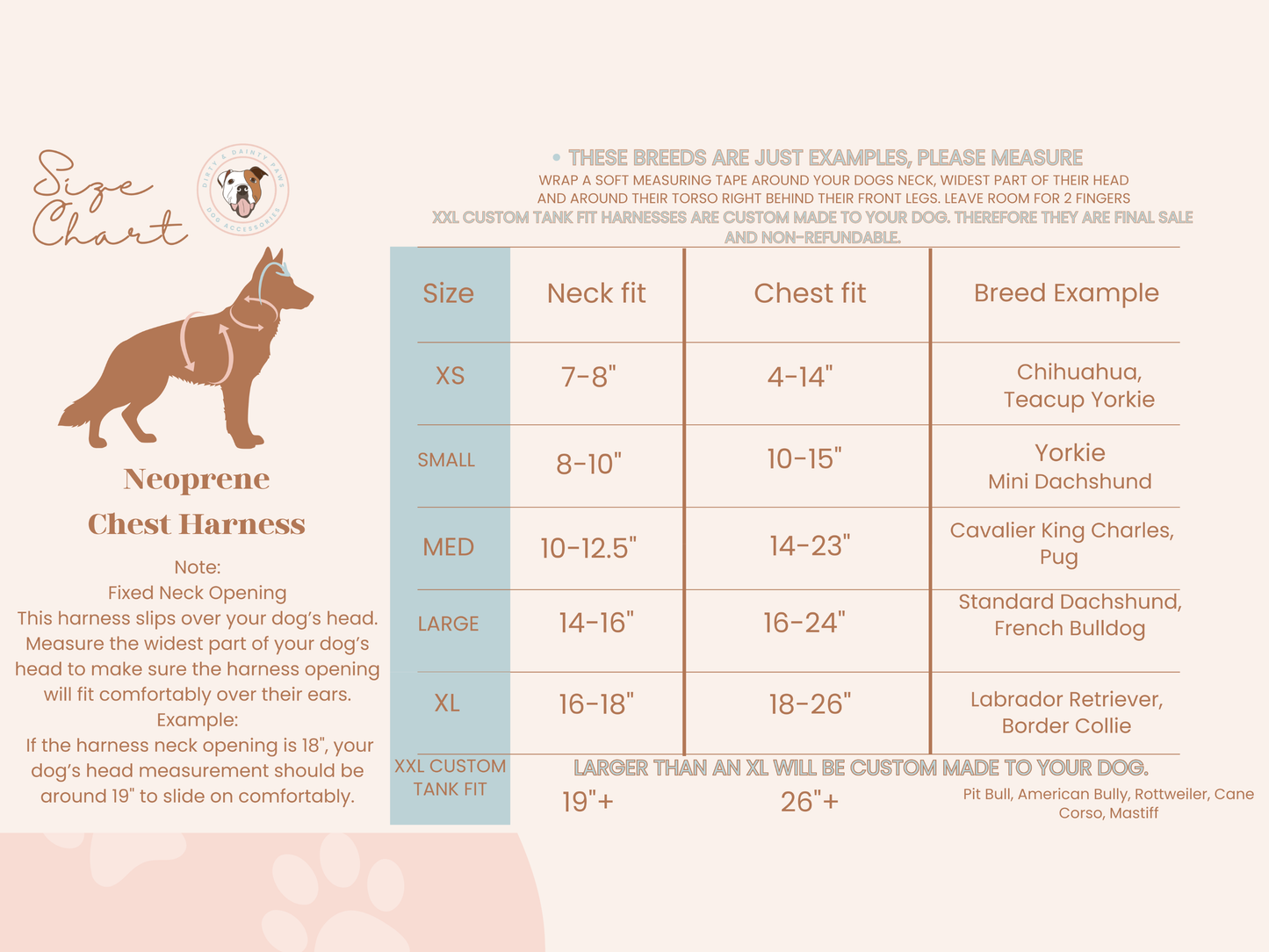 Size chart for Neoprene Chest Harness with dog illustrations and measurements.