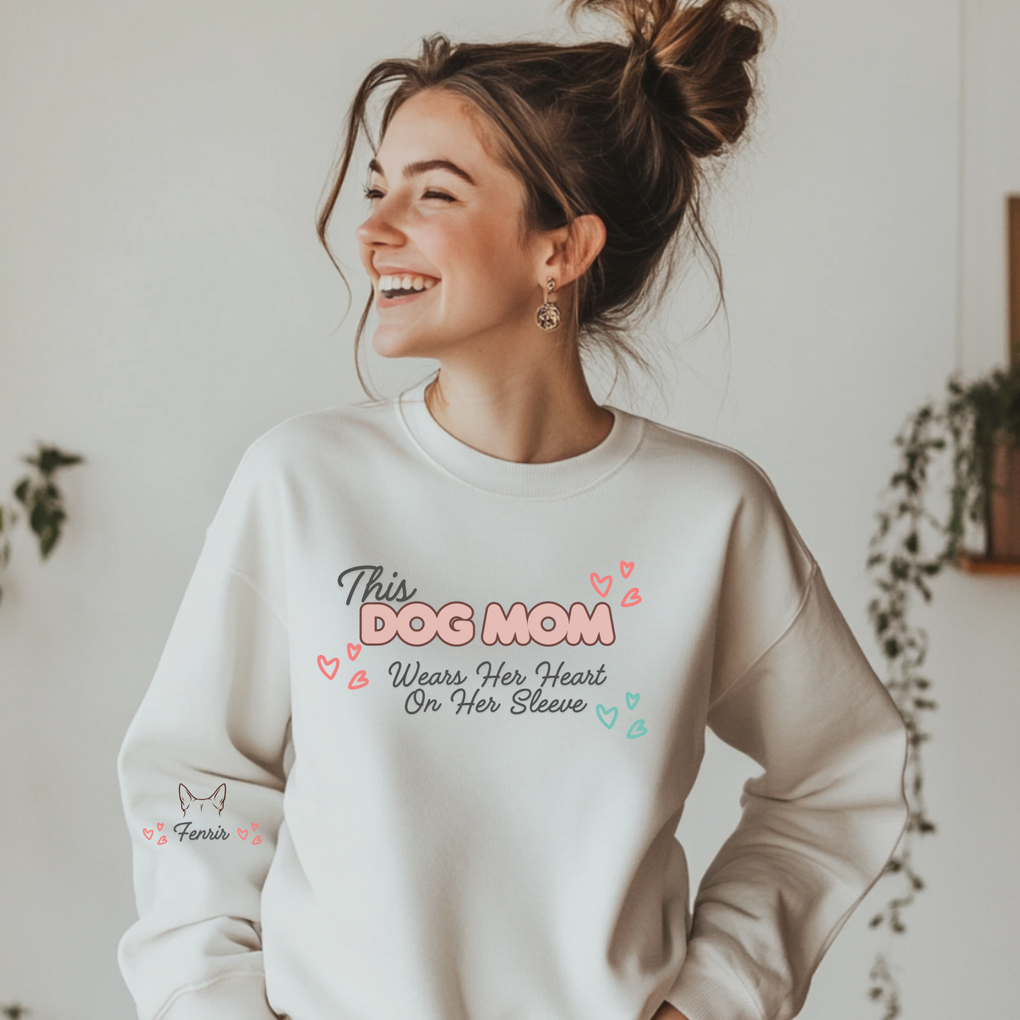 This Dog Mom Wears Her Heart on Her Sleeve -ADD YOUR DOGS NAME AND EAR OUTLINE  Personalized Crewneck Sweatshirt