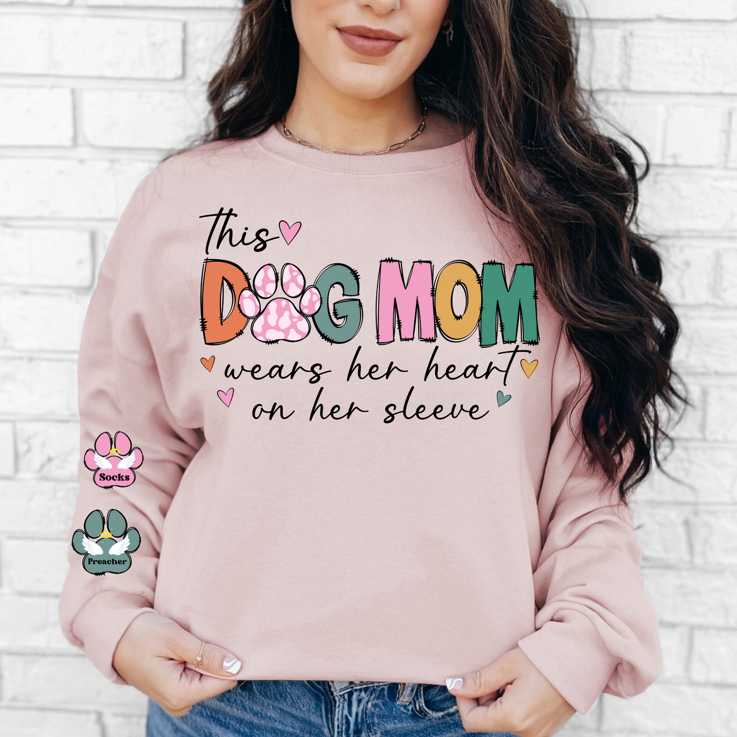 "This Dog Mom Wears Her Heart On Her Sleeve"In BLUSH PINK  Personalized Dog Name Sweatshirt in Sweet Cream| Custom Dog Mom Sweatshirt – Personalized Paw Prints & Names