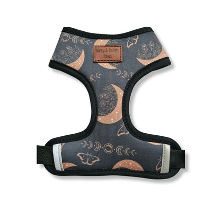 Boho Nights Chest Harness with adjustable straps, heavy-duty buckle, and breathable design. Perfect for outdoor adventures. Machine washable. Featuring moons, moths, lunar moons, and crystals