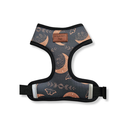 Boho Nights Chest Harness with adjustable straps, heavy-duty buckle, and breathable design. Perfect for outdoor adventures. Machine washable. Featuring moons, moths, lunar moons, and crystals