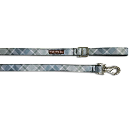 Dirty & Dainty Paws Boho Blue Plaid Dog Leash featuring a stylish plaid pattern, durable metal clasp, and a built-in bottle opener. Made from repurposed bicycle tires.