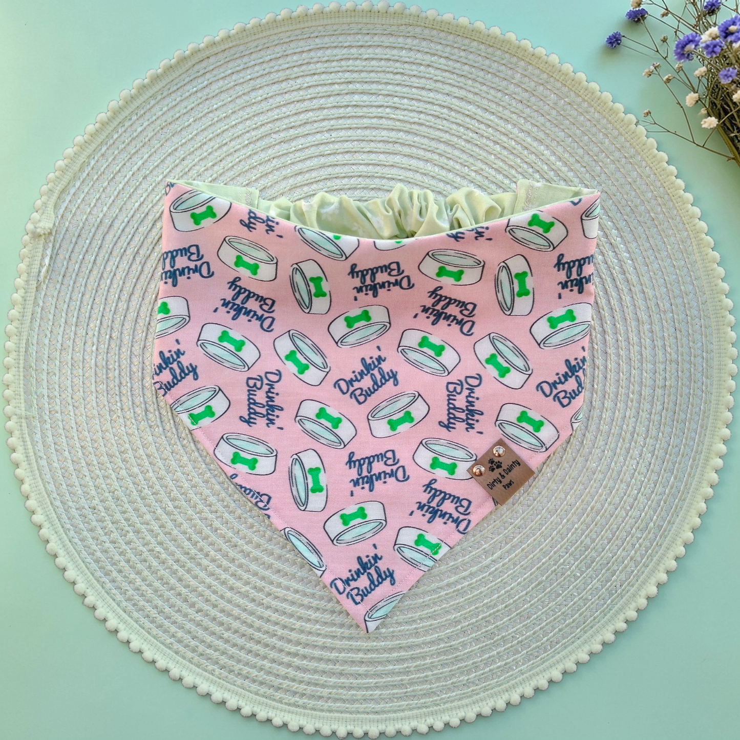 Drinking Buddy Dog Bandana – Reversible Pink or Green Pet Bandana | Cozy Cotton Slip-On Scrunchie Dog Scarf