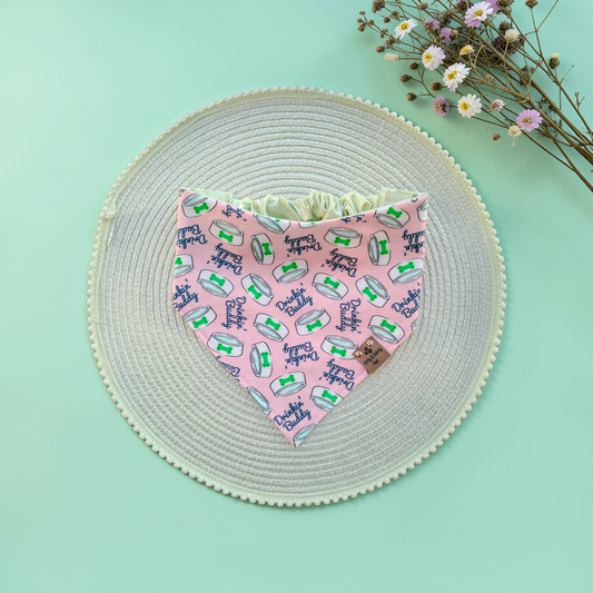 Drinking Buddy Dog Bandana – Reversible Pink or Green Pet Bandana | Cozy Cotton Slip-On Scrunchie Dog Scarf