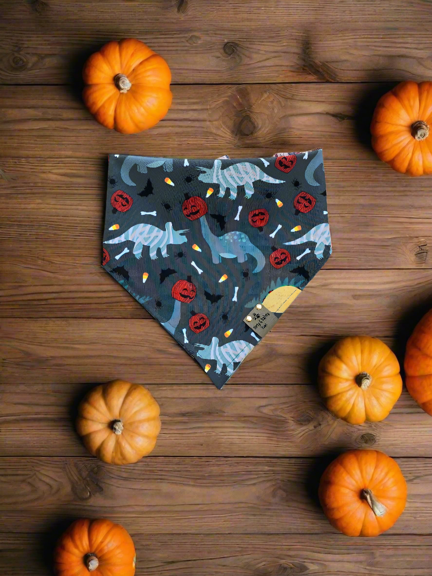Dino Pumpkin Heads | Plaid ZoomieProof™ Reversible Scrunchie Dog Bandana