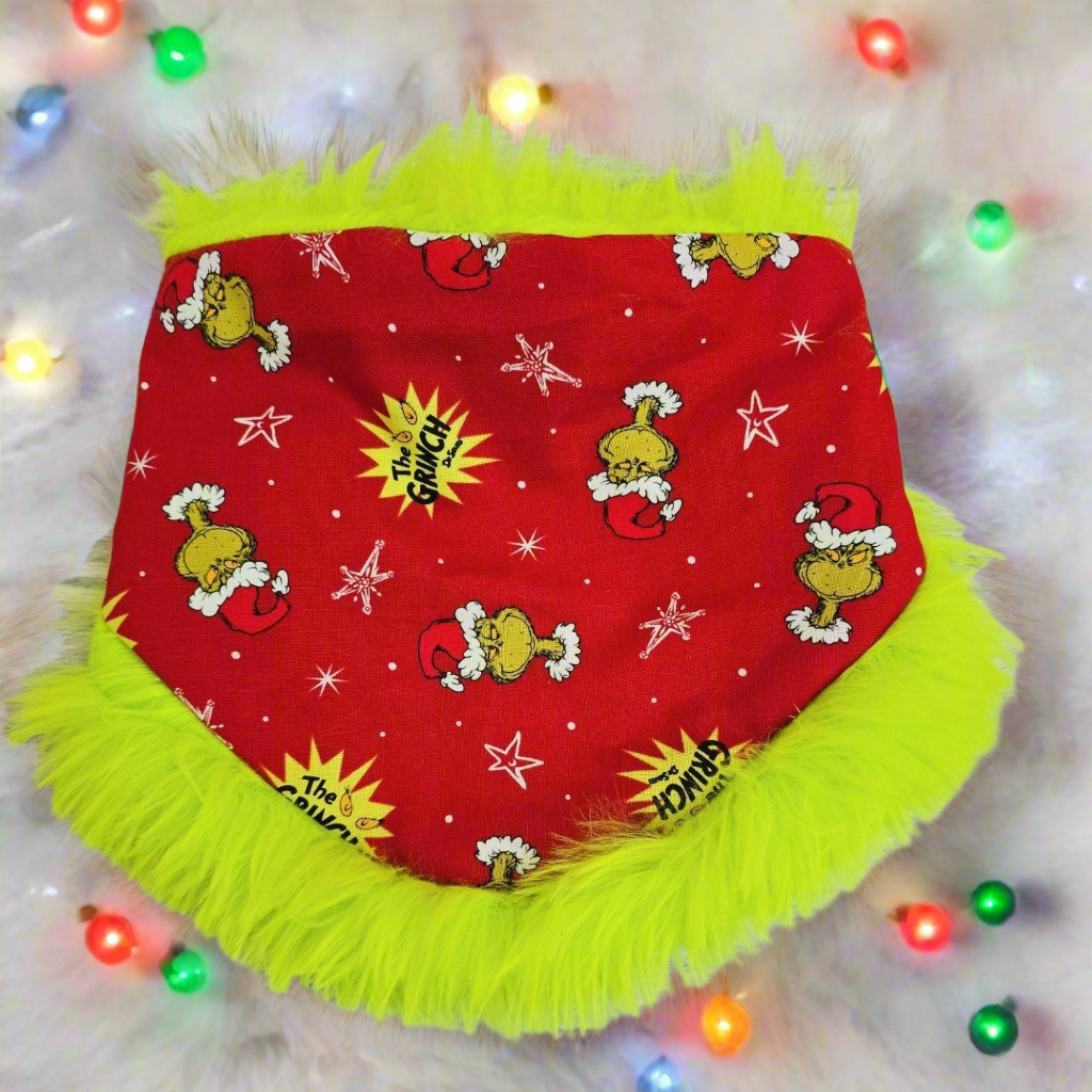 Grinchy Christmas Reversible Scrunchie Dog Bandana with Grinch Trim