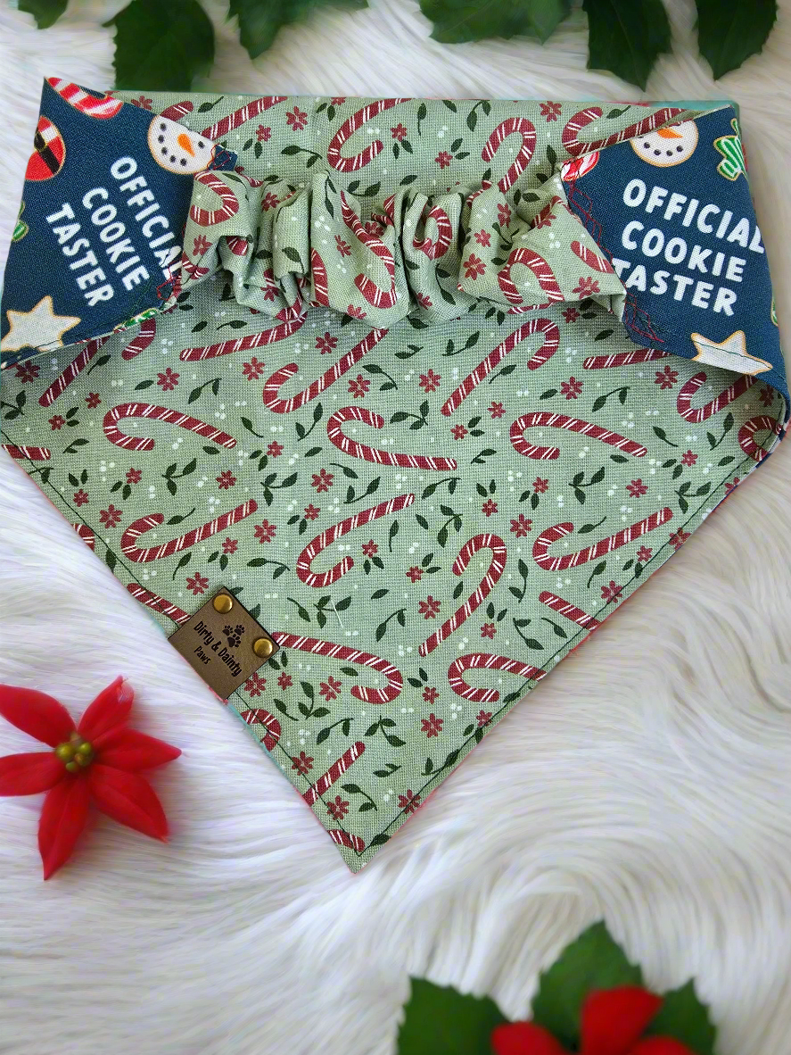 Official Cookie Taster | Candy Cane & Flowers Reversible Scrunchie Dog Bandana