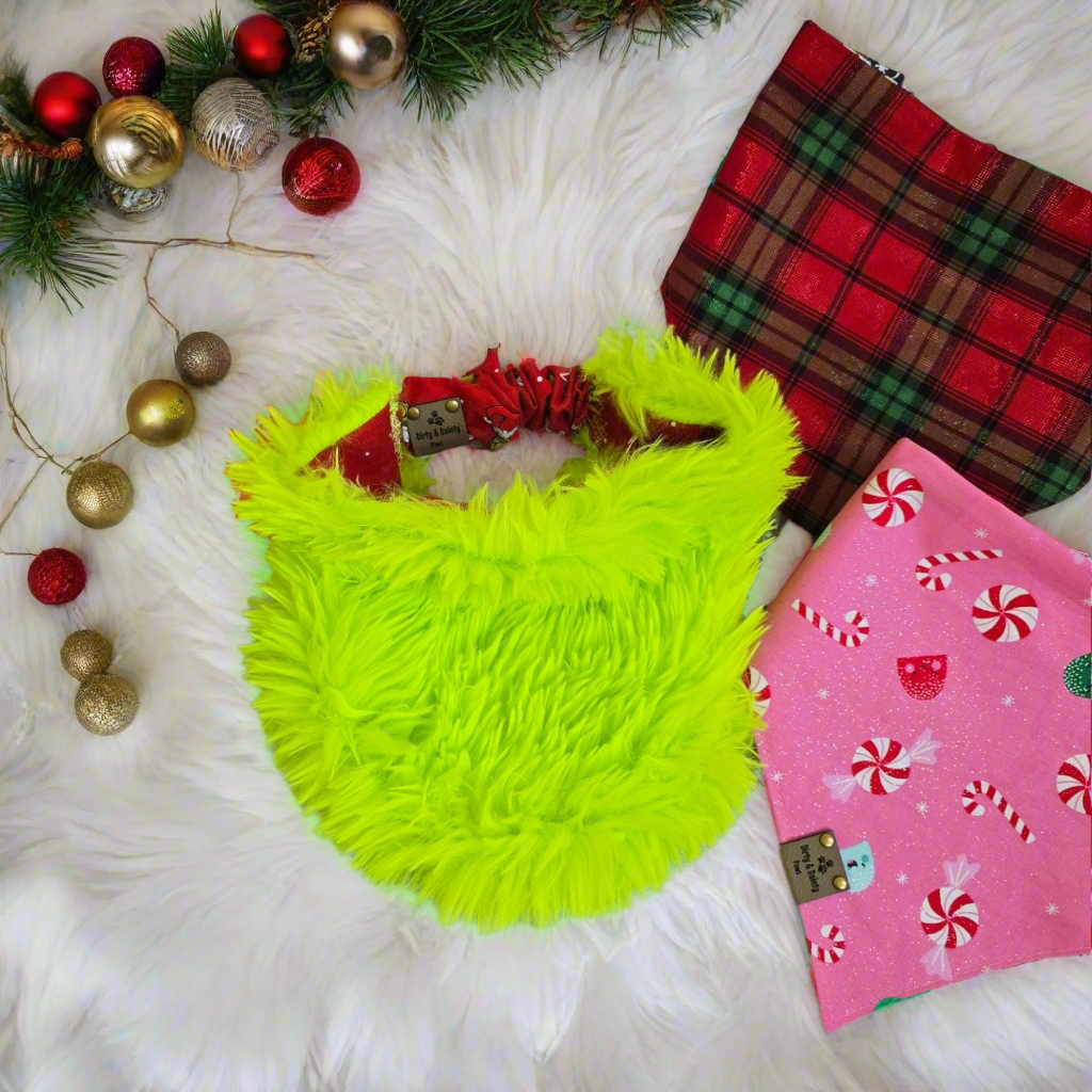 Grinchy Christmas Reversible Scrunchie Dog Bandana with Grinch Trim