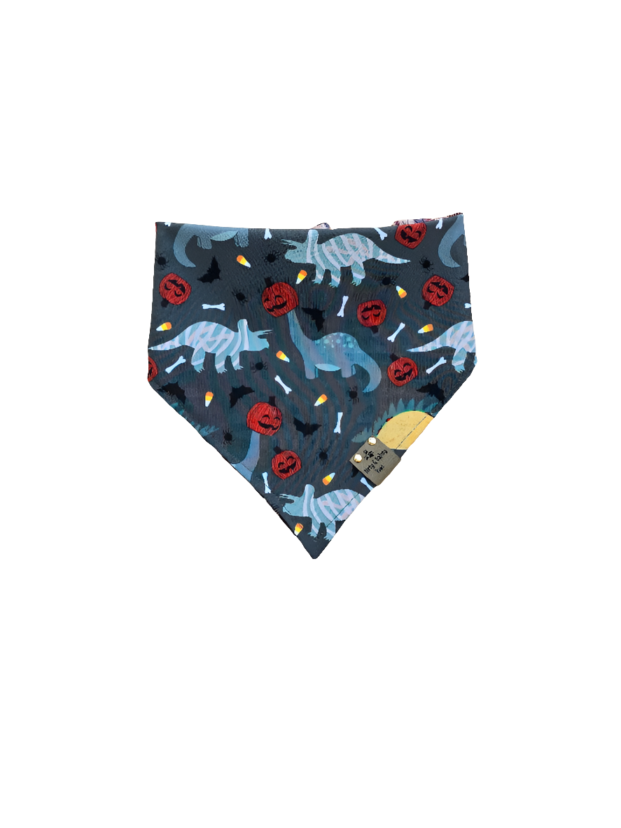 Dino Pumpkin Heads | Plaid ZoomieProof™ Reversible Scrunchie Dog Bandana
